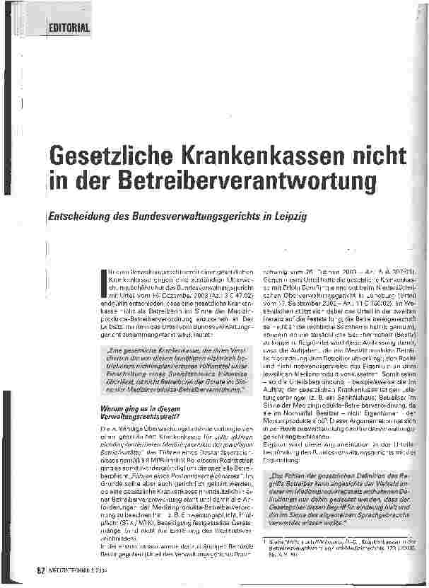 Vorschauseite 1: Gesetzliche Krankenkassen nicht in der Betreiberverantwortung Entscheidung des Bundesverwaltungsgerichts in Leipzig