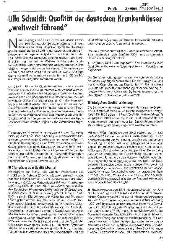 Vorschauseite 1: Ulla Schmidt: Qualität der deutschen Krankenhäuser weltweit führend