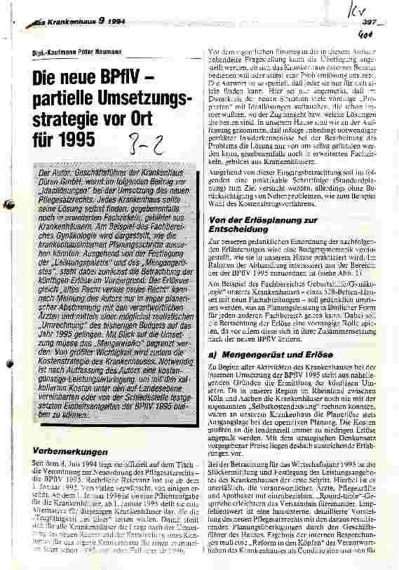Vorschauseite 1: Die neue BPflV - partielle Umsetzungsstrategie vor Ort für 1995