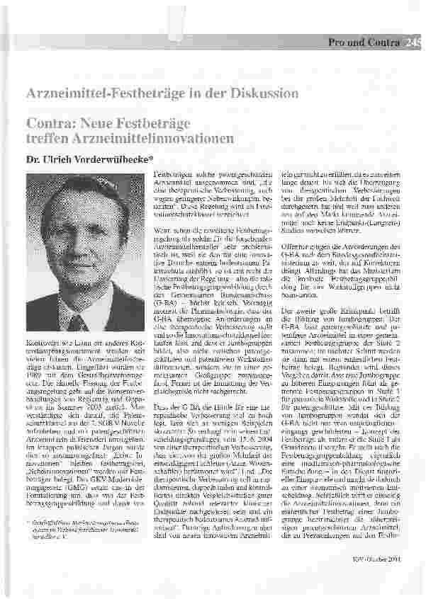 Vorschauseite 1: Arzneimittel-Festbeträge in der DiskussionContra: Neue Festbeträge treffen Arzneimittelinnovationen