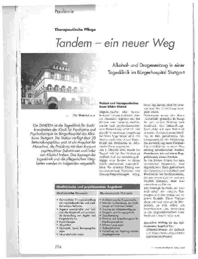 Vorschauseite 1: Tandem - ein neuer WegAlkoholund Drogenentzug in einer Tagesklinik im Bürgerhospital Stuttgart