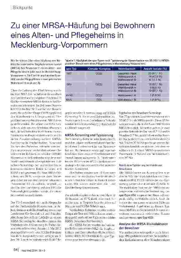 Vorschauseite 1: Zu einer MRSA-Häufung bei Bewohnern eines Altenund Pflegeheims in Mecklenburg-Vorpommern