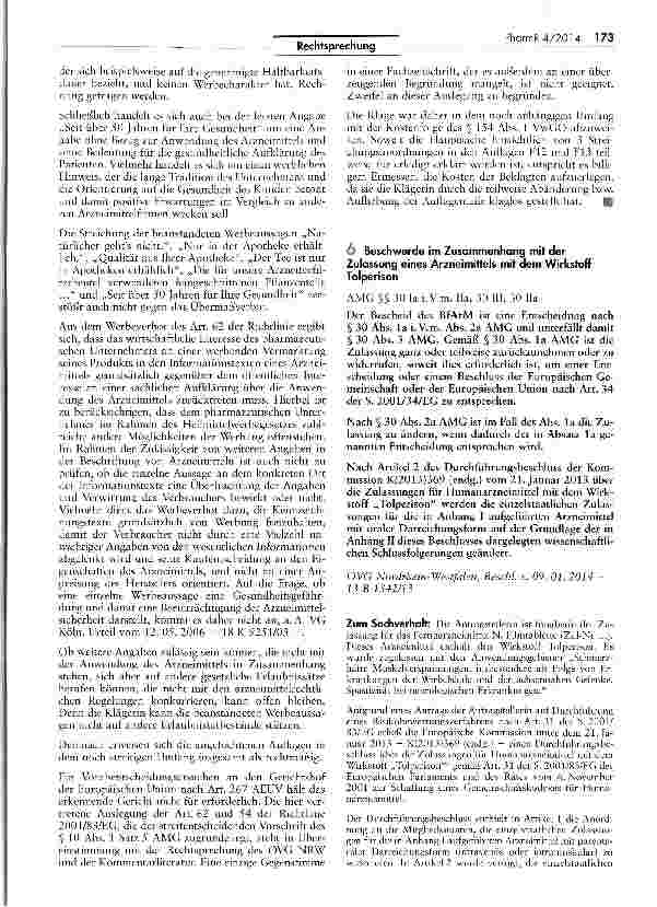 Vorschauseite 1: Beschwerde im Zusammenhang mit der Zulassung eines Arzneimittels mit dem Wirkstoff Tolperison AMG §§ 30 Ta i.V.m. Ha, 30 III, 30 Ha