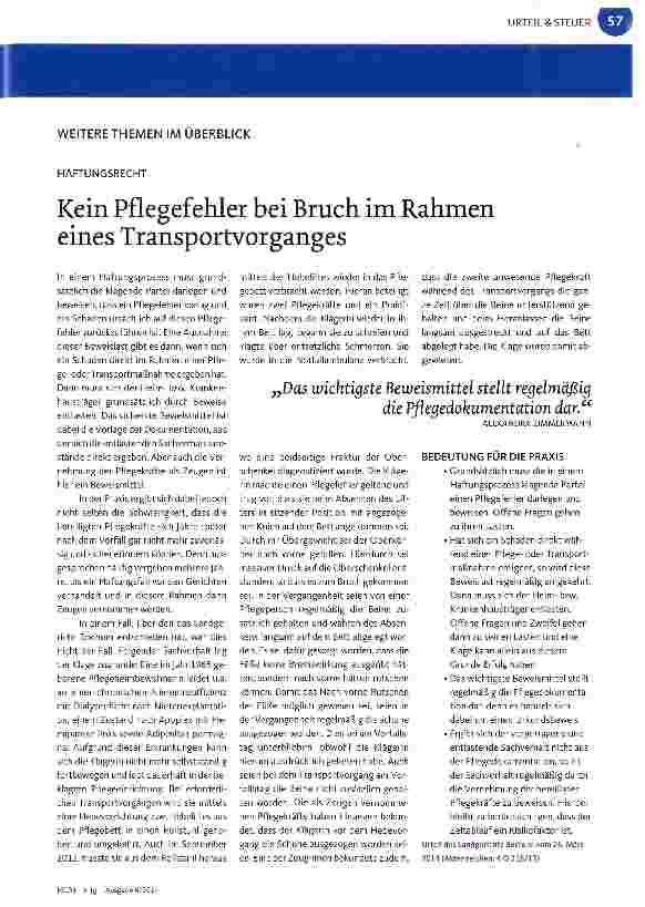 Vorschauseite 1: Kein Pflegefehler bei Bruch im Rahmen eines Transportvorganges