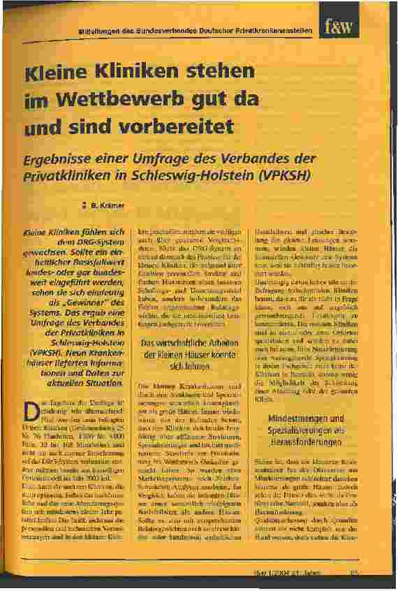Vorschauseite 1: Kleine Kliniken stehen im Wettbewerb gut da und sind vorbereitet Ergebnisse einer Umfrage des Verbandes der Privatkliniken in Schleswig-Holstein (VPKSH)
