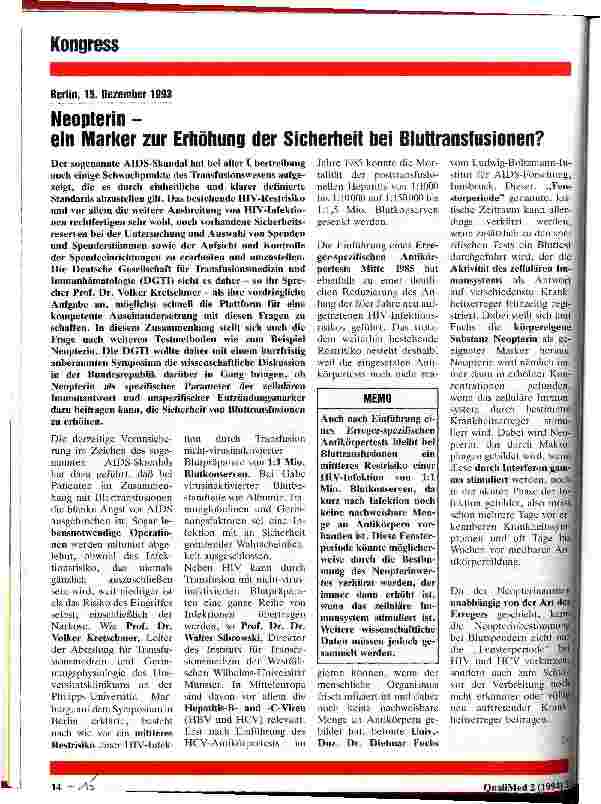 Vorschauseite 1: Neopterin - ein Marker zur Erhöhung der Sicherheit bei Bluttransfusionen?