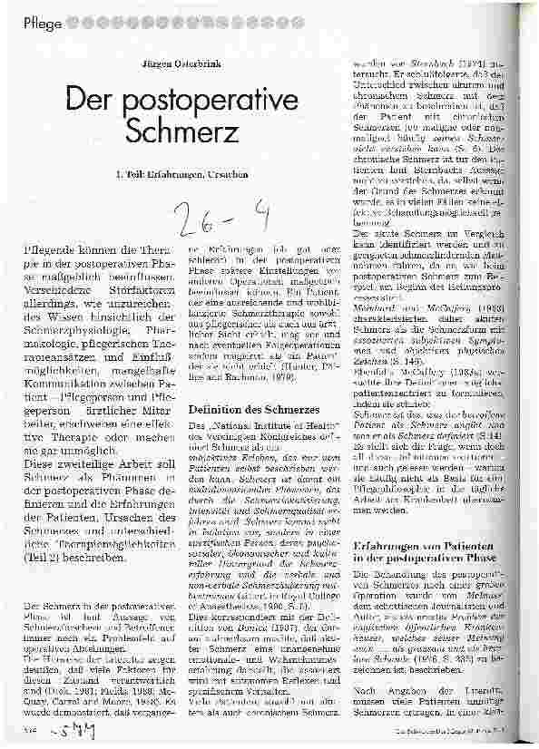 Vorschauseite 1: Der postoperative Schmerz 1. Teil: Erfahrungen, Ursachen