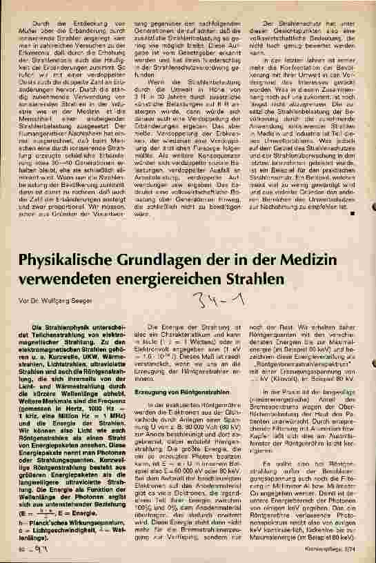 Vorschauseite 1: Physikalische Grundlagen der in der Medizin verwendeten energiereichen Strahlen