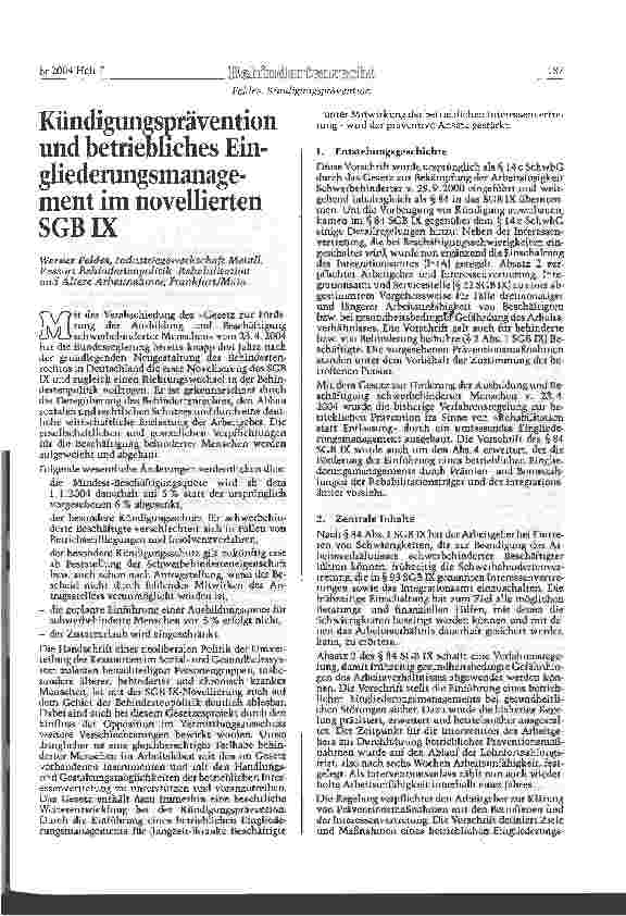 Vorschauseite 1: Kündigungsprävention und betriebliches Eingliederangsmanagement im novellierten SGB IX