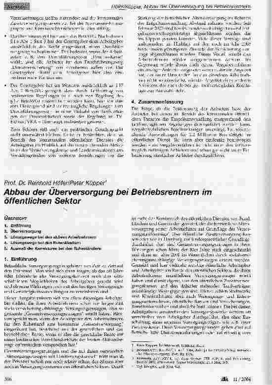 Vorschauseite 1: Abbau der Überversorgung bei Betriebsrentnern im öffentlichen Sektor