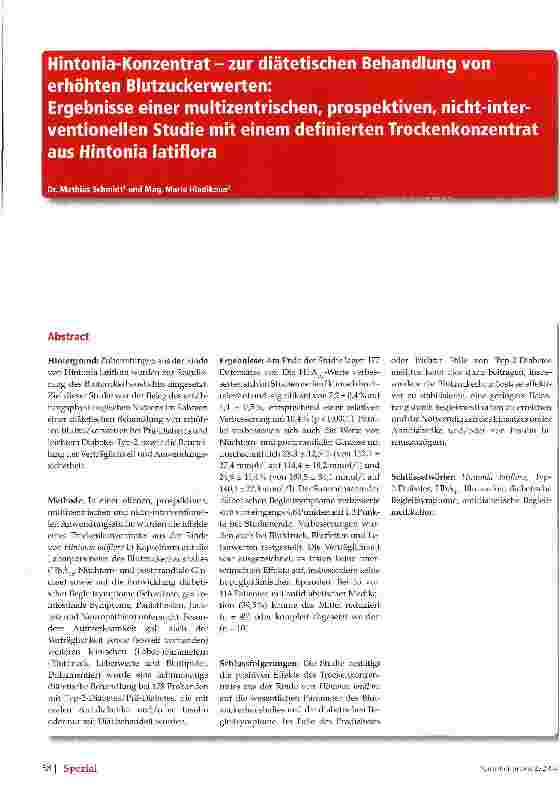 Vorschauseite 1: Hintonia-Konzentrat - zur diätetischen Behandlung von erhöhten Blutzuckerwerten: Ergebnisse einer multizentrischen, prospektiven, nicht-inter-ventionellen Studie mit einem definie…