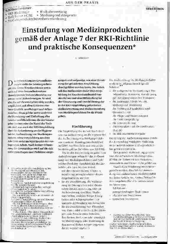 Vorschauseite 1: Einstufung von Medizinprodukten gemäß der Anlage 7 der RKI-Richtlinie und praktische Konsequenzen