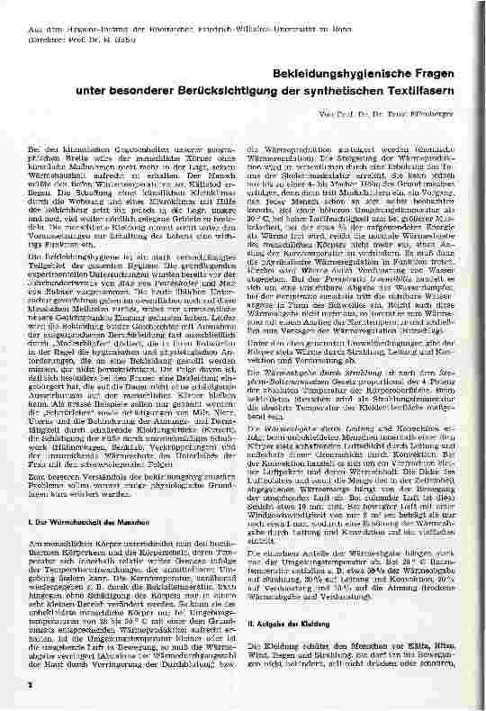 Vorschauseite 1: Bekleidungshygienische Fragen unter besonderer Berücksichtigung der synthetischen Textilfasern