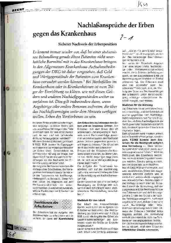 Vorschauseite 1: Nachlaßansprüche der Erben gegen das Krankenhaus Sicherer Nachweis der Erbenposition