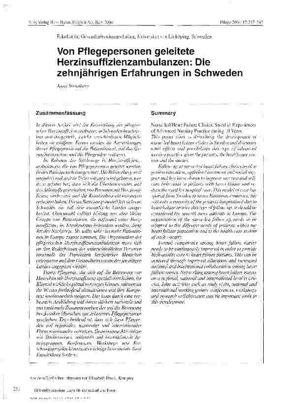 Vorschauseite 1: Von Pflegepersonen geleitete Herzinsuffizienzambulanzen: Die zehnjährigen Erfahrungen in Schweden