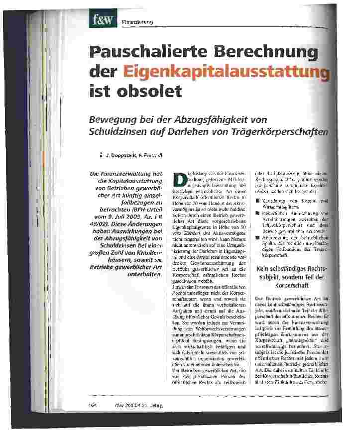 Vorschauseite 1: Pauschalierte Berechnung der Eigenkapitalausstattung ist obsolet Bewegung bei der Abzugsfähigkeit von Schuldzinsen auf Darlehen von Trägerkörperschaften