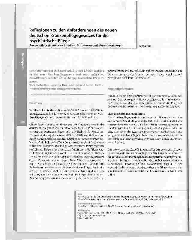 Vorschauseite 1: Reflexionen zu den Anforderungen des neuen deutschen Krankenpflegegesetzes für die psychiatrische PflegeAusgewählte Aspekte zu Inhalten, Strukturen und Verantwortungen
