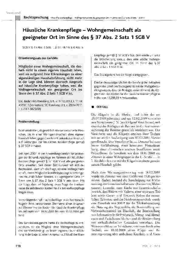 Vorschauseite 1: Häusliche Krankenpflege - Wohngemeinschaft als geeigneter Ort im Sinne des § 37 Abs. 2 Satz 1 SGB V SGB V § 13 Abs. 3 Satz 1, § 37; HKP-R § 6 Abs. 6