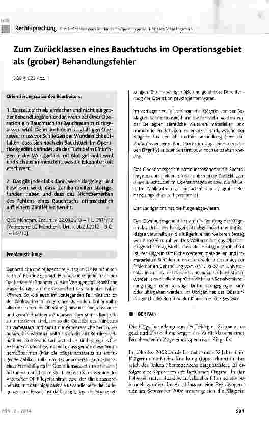 Vorschauseite 1: Zum Zurücklassen eines Bauchtuchs im Operationsgebiet als (grober) BehandlungsfehlerBGB§ 823 Abs. 1