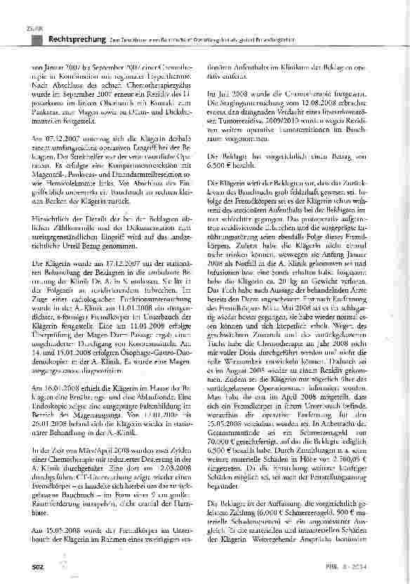 Vorschauseite 2: Zum Zurücklassen eines Bauchtuchs im Operationsgebiet als (grober) BehandlungsfehlerBGB§ 823 Abs. 1