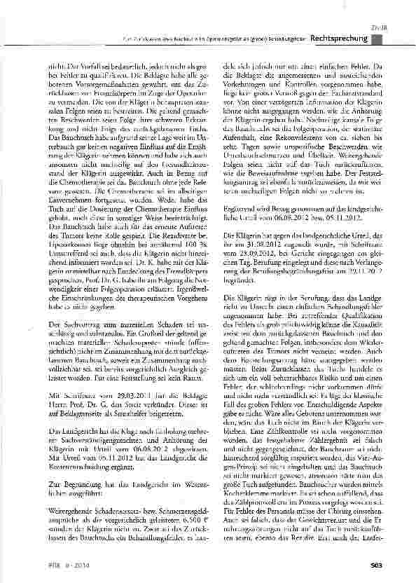 Vorschauseite 3: Zum Zurücklassen eines Bauchtuchs im Operationsgebiet als (grober) BehandlungsfehlerBGB§ 823 Abs. 1