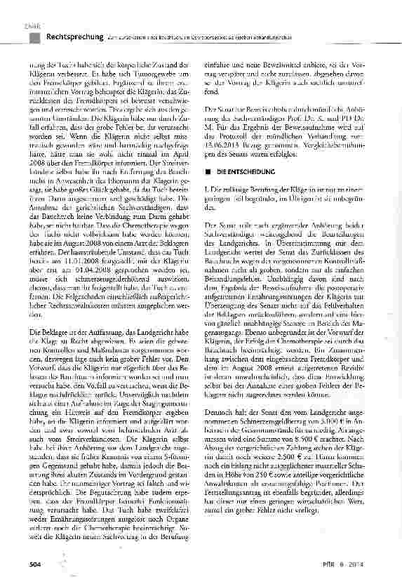 Vorschauseite 4: Zum Zurücklassen eines Bauchtuchs im Operationsgebiet als (grober) BehandlungsfehlerBGB§ 823 Abs. 1