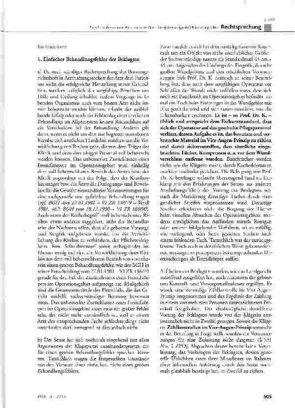 Vorschauseite 5: Zum Zurücklassen eines Bauchtuchs im Operationsgebiet als (grober) BehandlungsfehlerBGB§ 823 Abs. 1