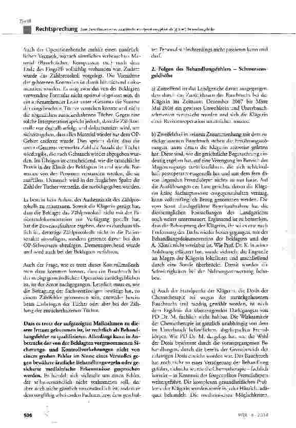 Vorschauseite 6: Zum Zurücklassen eines Bauchtuchs im Operationsgebiet als (grober) BehandlungsfehlerBGB§ 823 Abs. 1