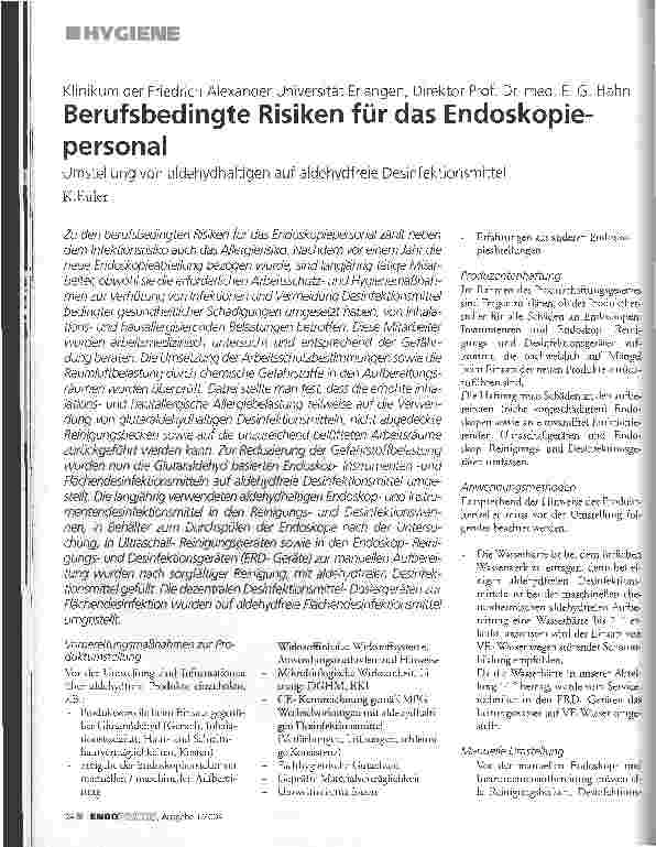 Vorschauseite 1: Berufsbedingte Risiken für das Endoskopiepersonal Umstellung von aldehydhaltigen auf aldehydfreie Desinfektionsmittel