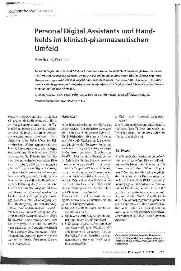 Vorschauseite 1: Personal Digital Assistants und Handhelds im klinisch-pharmazeutischen Umfeld