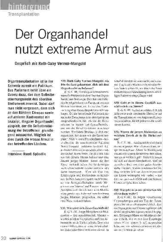 Vorschauseite 1: Der Organhandel nutzt extreme Armut aus Gespräch mit Ruth-Gaby Vermont-Mangold