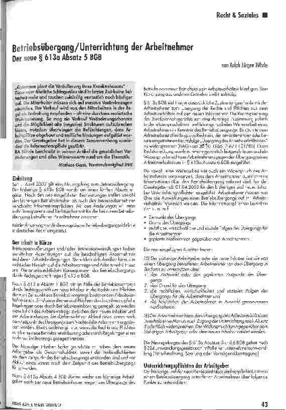 Vorschauseite 1: Betriebsübergang/Unterrichtung der ArbeitnehmerDer neue § 613a Absatz 5 BGB