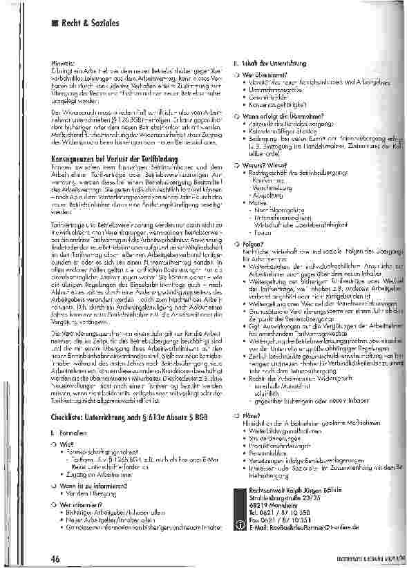 Vorschauseite 4: Betriebsübergang/Unterrichtung der ArbeitnehmerDer neue § 613a Absatz 5 BGB