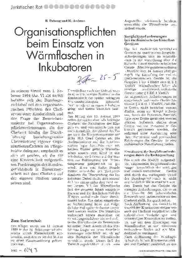 Vorschauseite 1: Organisationspflichten beim Einsatz von Wärmflaschen in Inkubatoren