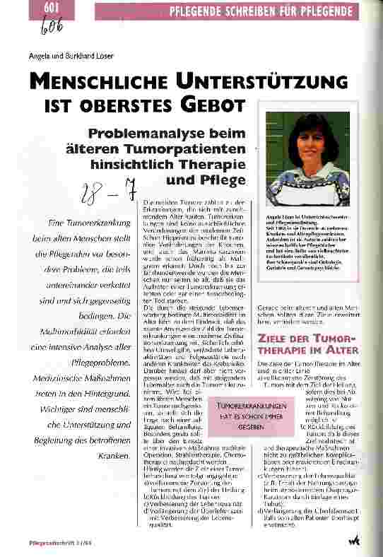 Vorschauseite 1: Menschliche Unterstützung ist oberstes Gebot Problemanalyse beim älteren Tumorpatienten hinsichlich Therapie und Pflege