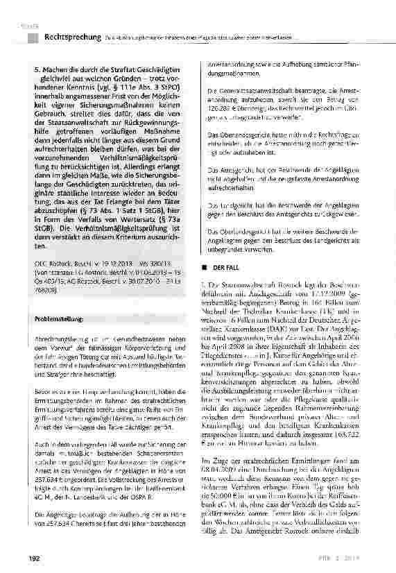 Vorschauseite 2: Zum Abrechnungsbetrug der Inhaberin eines Pflegedienstes zulasten zweier Krankenkassen(hier: Aufrechterhaltung der Arrestanordnung)