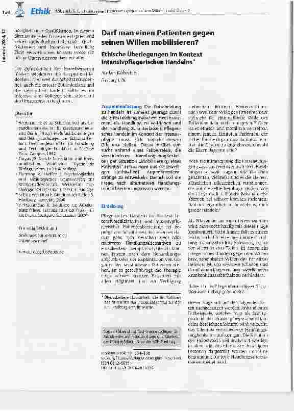 Vorschauseite 1: Darf man einen Patienten gegen seinen Willen mobilisieren?Ethische Überlegungen im Kontext intensivpflegerischen Handelns*