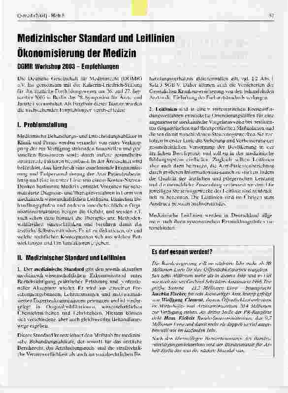 Vorschauseite 1: Medizinischer Standard und Leitlinien Ökonomisierung der Medizin