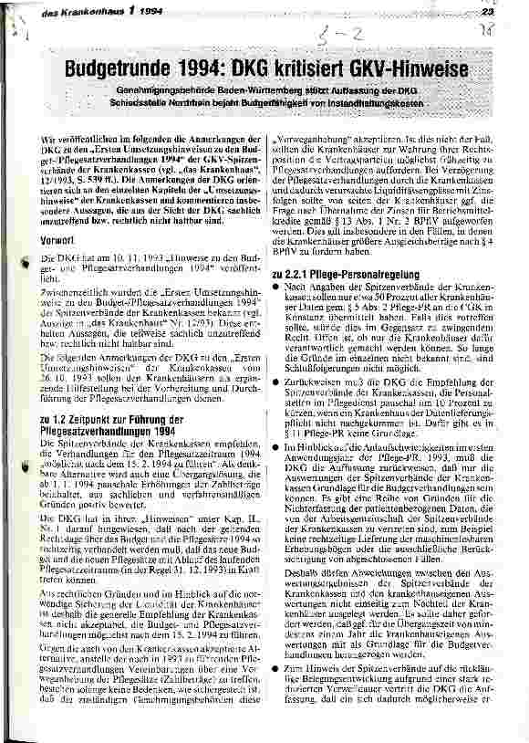 Vorschauseite 1: Budgetrunde 1994: DKG kritisiert GKV-Hinweise Genehmigungsbehörde Baden-Württ.stützt Auffassung d.DKG