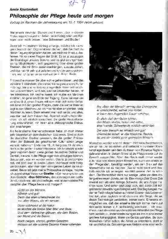 Vorschauseite 1: Philosophie der Pflege heute und morgen Vortrag, Jahrestagung 15.4.94 (gekürzt)