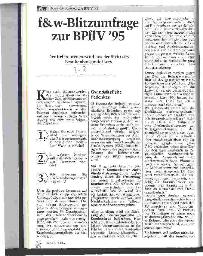 Vorschauseite 1: f & w-Blitzumfrage zur BPflV 1995 Der Referentenentwurf aus der Sicht des Krankenhauspraktikers