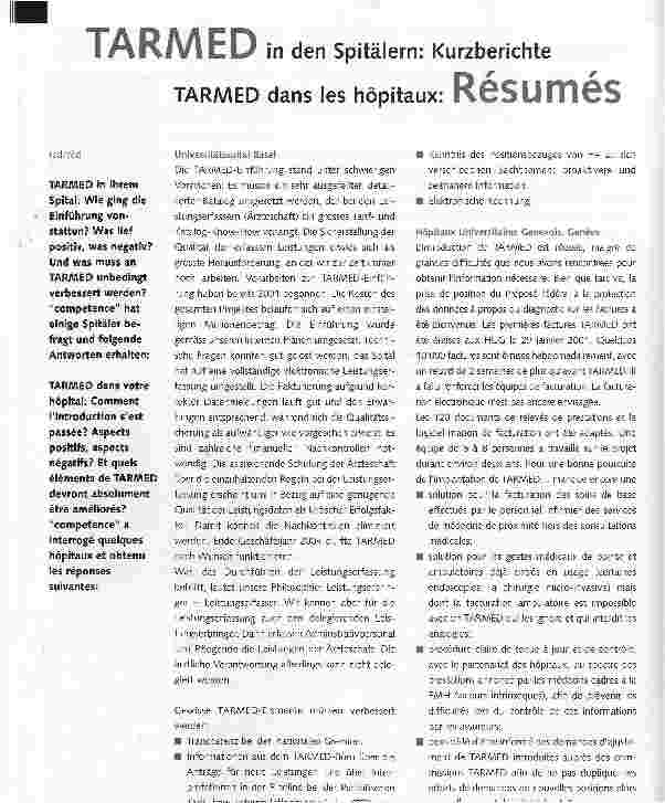 Vorschauseite 1: TARMED in den Spitälern: Kurzberichte