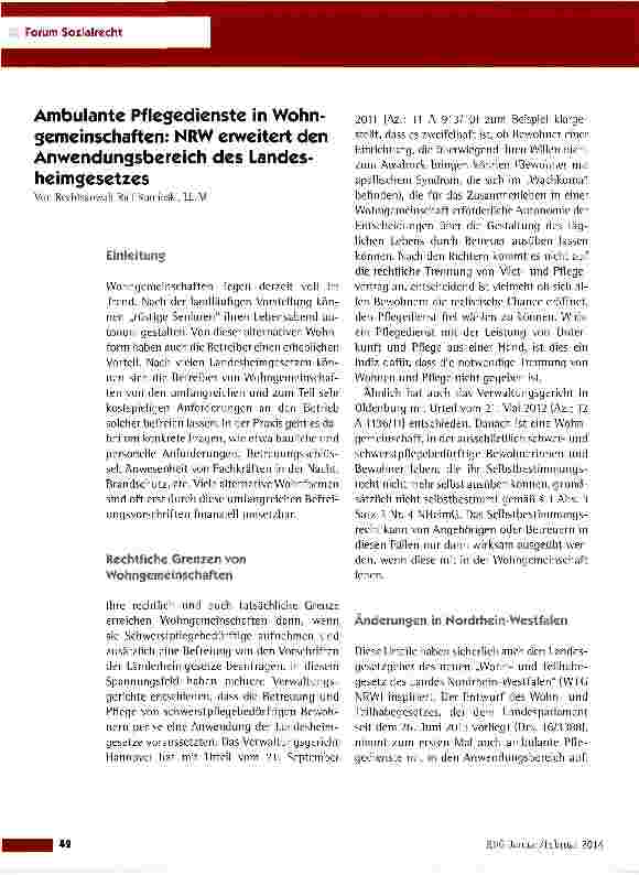 Vorschauseite 1: Ambulante Pflegedienste in Wohngemeinschaften: NRW erweitert den Anwendungsbereich des Landes-heimgesetzes