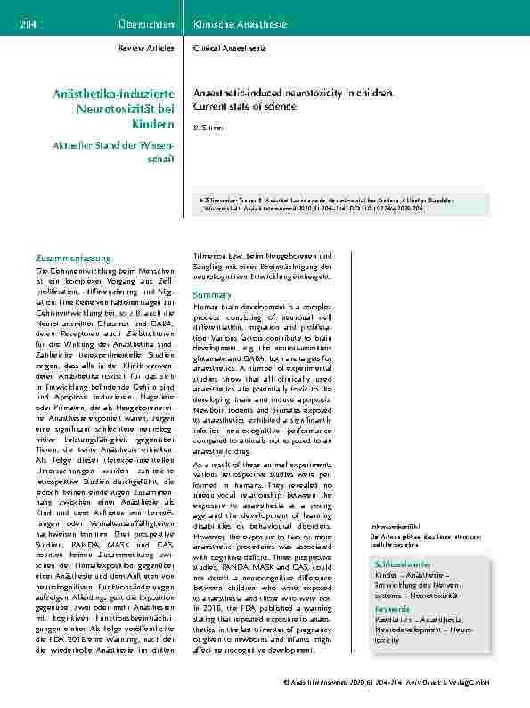 Vorschauseite 1: Anästhetika-induzierte Neurotoxizität bei Kindern: Aktueller Stand der Wissenschaft