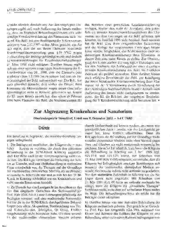 Vorschauseite 1: Zur Abgrenzung Krankenhaus und SanatoriumOberlandesgericht Düsseldorf, Urteil vom 9. Dezember 2003 - 1-4 U 79/03