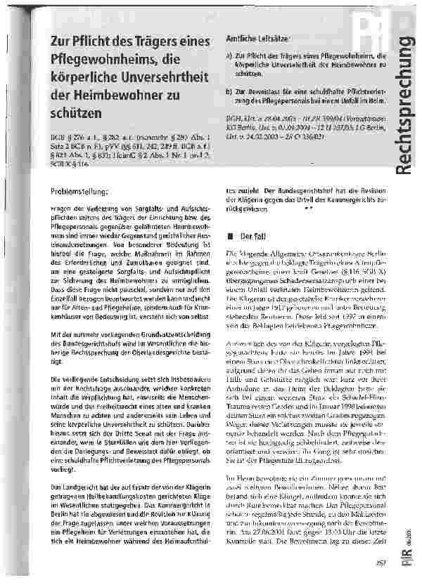 Vorschauseite 1: Zur Pflicht des Trägers eines Pflegewohnheims, die körperliche Unversehrtheit der Heimbewohner zu schützen