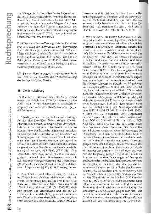 Vorschauseite 2: Zur Pflicht des Trägers eines Pflegewohnheims, die körperliche Unversehrtheit der Heimbewohner zu schützen