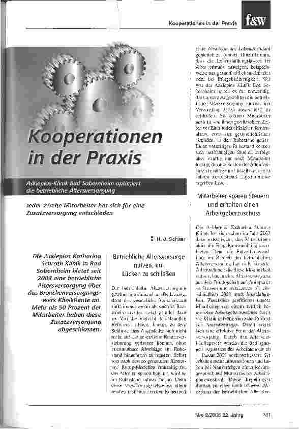 Vorschauseite 1: Kooperationen in der Praxis. Asklepios-Klinik Bad Sobernheim optimiert die betriebliche Altersversorgung. Jeder zweite Mitarbeiter hat sich für eine Zusatzversorgung entschieden