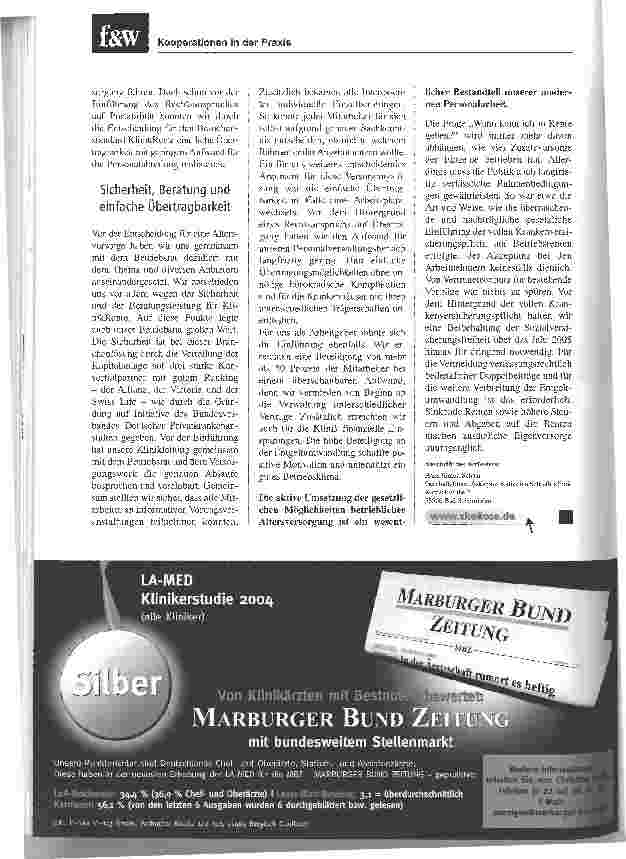 Vorschauseite 2: Kooperationen in der Praxis. Asklepios-Klinik Bad Sobernheim optimiert die betriebliche Altersversorgung. Jeder zweite Mitarbeiter hat sich für eine Zusatzversorgung entschieden