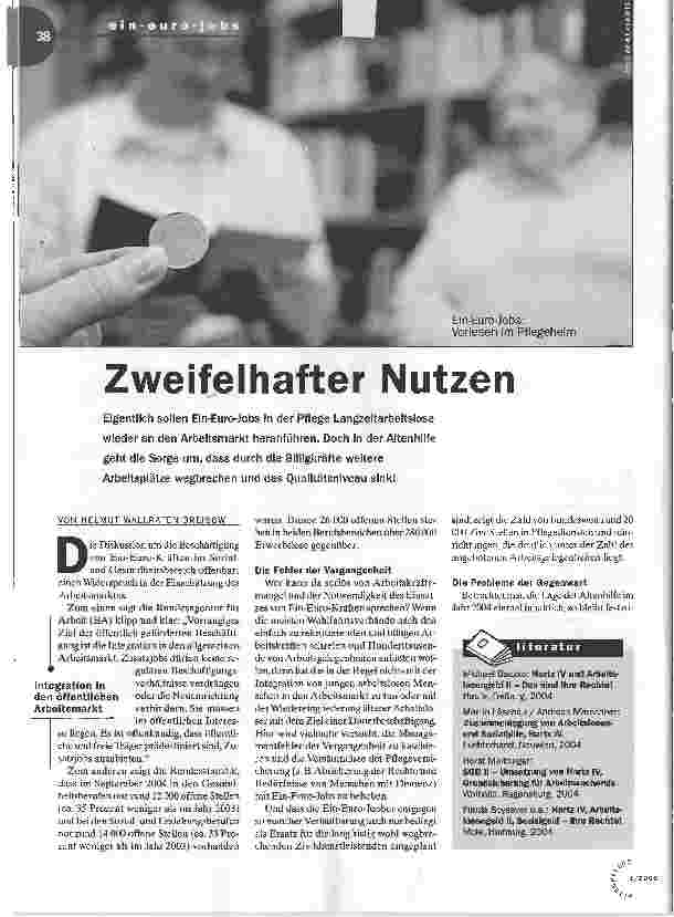 Vorschauseite 1: Zweifelhafter Nutzen. Ein-Euro-Jobs: Vorlesen im Pflegeheim